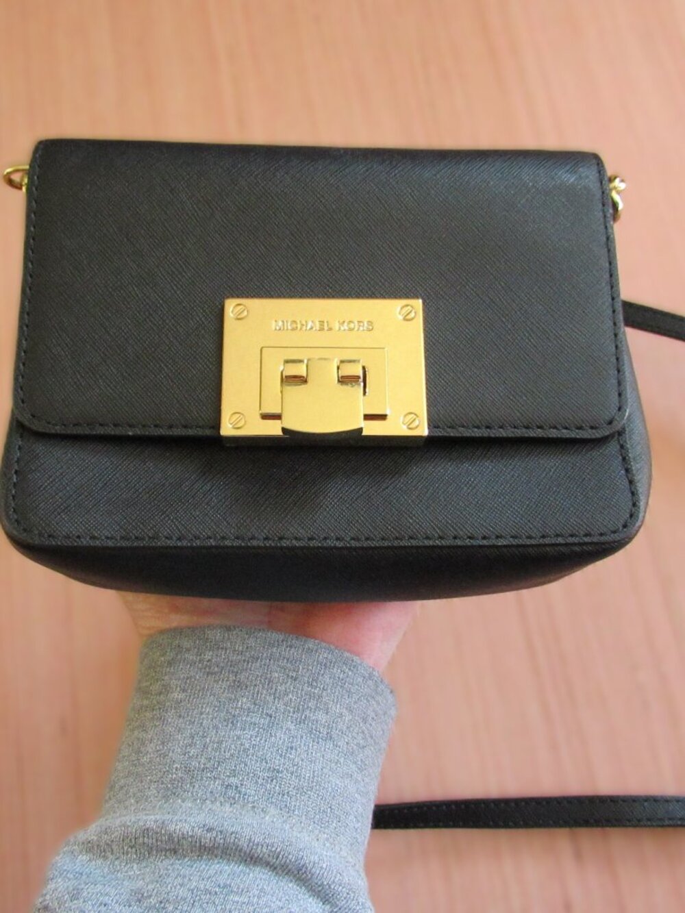 Michael Kors Black Saffiano Leather Mini Crossbody Bag Gold Chain Turn Lock